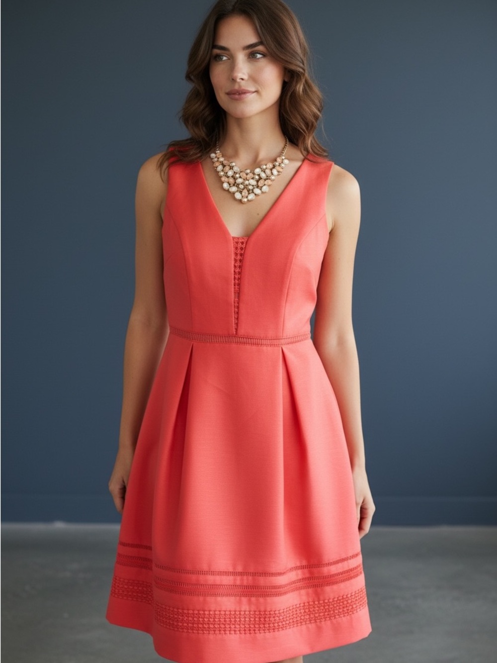 Adrianna Papell Coral Sleeveless V-Neck Midi Dress